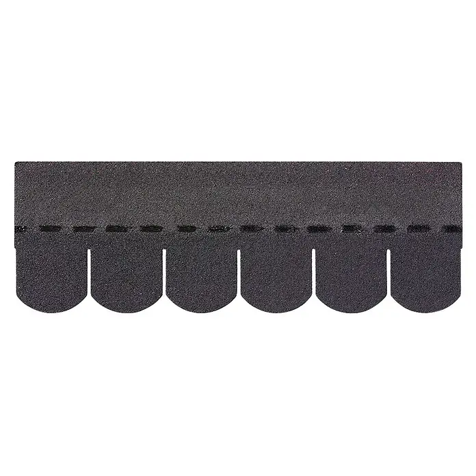 Bitumenschindel - Schwarz, Anwendungsfläche: 2 m², Bitumen - Dunkelgraue, körnige Dachschindeln mit abgerundeten Laschen und gestrichelter Klebestreifen.