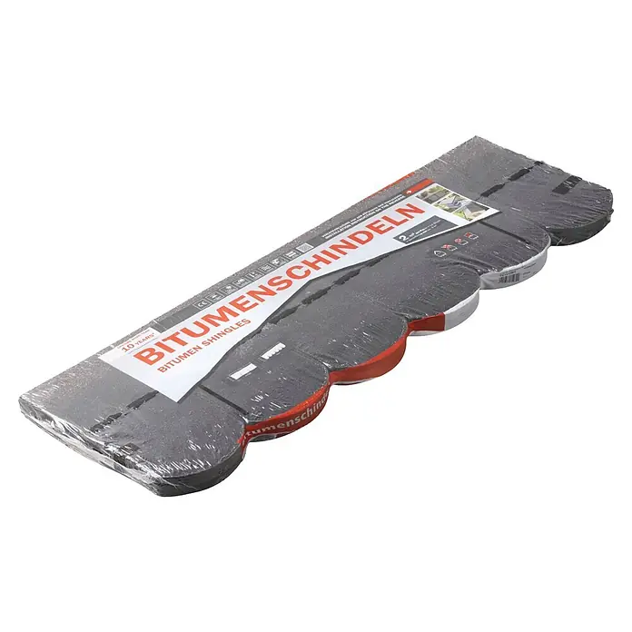 Bitumenschindel - Schwarz, Anwendungsfläche: 2 m², Bitumen - Packung dunkler Bitumen-Dachschindeln mit Wellenrand, in Klarsichtfolie verpackt.