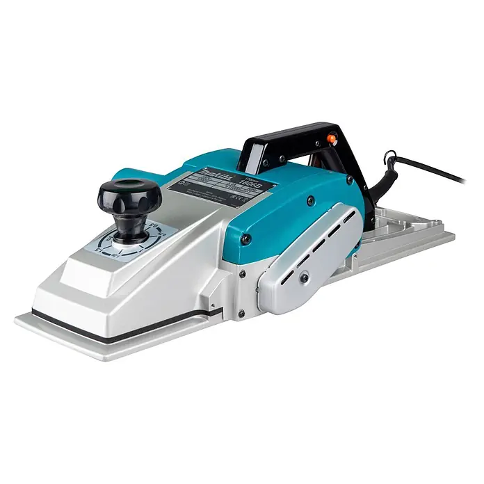 Makita Elektrohobel 1806B - 1.200 W, Hobeltiefe: 0 mm - 2 mm, Leerlaufdrehzahl: 15.000 U/min - Makita 1806B Elektrohobel in Türkis und Silber mit schwarzem Griff und Tiefeneinstellknopf.
