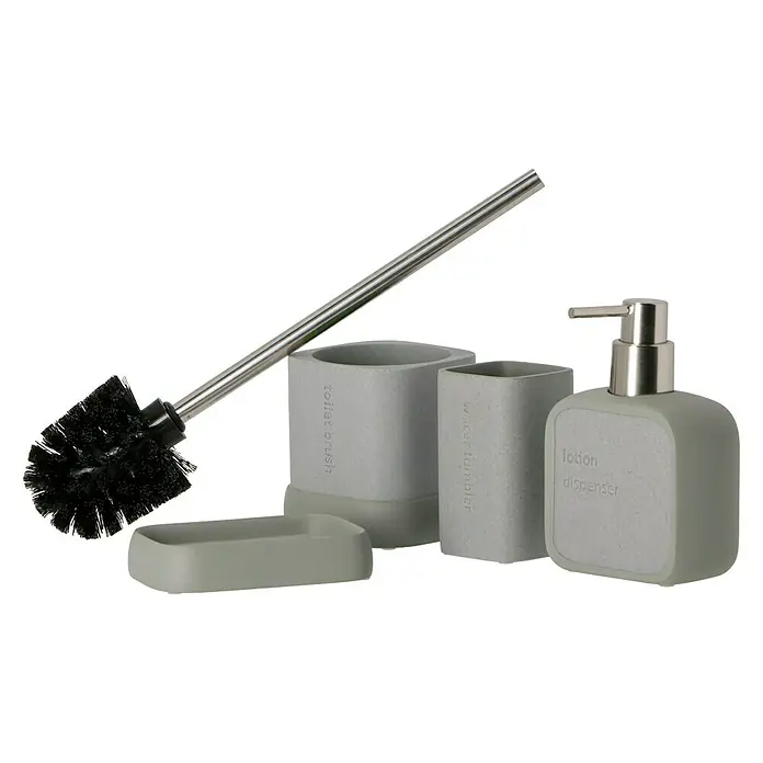 Venus Aiden WC-Bürstengarnitur - Polyresin, Grau - Ein graues Badezimmer-Set, bestehend aus einer Toilettenbürste, einem Seifenhalter, einem Zahnputzbecher und einem Seifenspender.