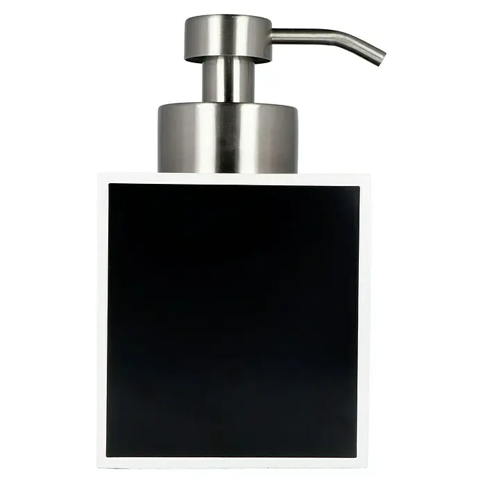 Camargue Couture Seifenspender - Groß, Polyresin, Schwarz/Weiß - Seifenspender in Schwarz und Silber mit rechteckigem Korpus und Edelstahldüse für stilvolle Bad- und Küchenhygiene.