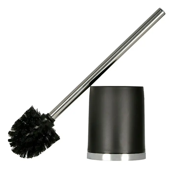 Venus Milano WC-Bürstengarnitur - Schwarz, Kunststoff - Ein Toilettenbürsten-Set mit einer runden Bürste und einem zylindrischen Halter, beide in Schwarz und Silber gehalten.