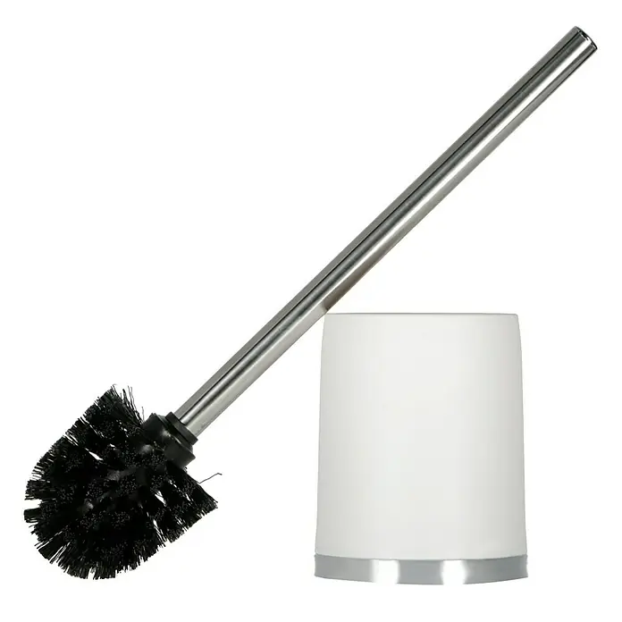 Venus Milano WC-Bürstengarnitur - Weiß, Kunststoff - Eine Toilettenbürste mit Halterung. Die Bürste hat einen silbernen Griff und schwarze Borsten. Der Halter ist weiß mit einem silbernen Rand.