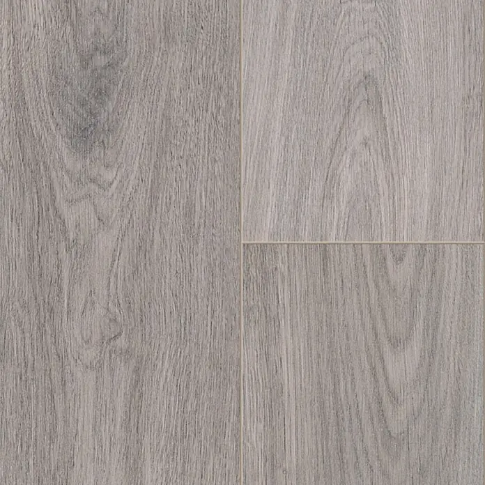 Krono Original Laminat Comfort Silent Cork - Ethereal Oak, Landhausdiele, 1.288 x 195 x 8 mm - Grauer Bodenbelag in Holzoptik mit natürlicher Maserung.