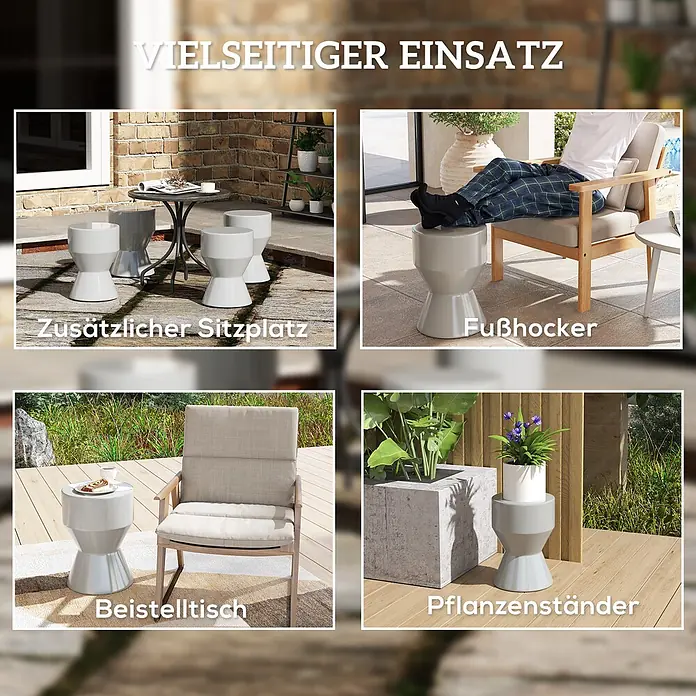 Outsunny Gartenhocker - Keramik, Stapelbar, Hellgrau, B x T x H: 33 x 33 x 45,5 cm - Vier Bilder zeigen einen vielseitigen grauen Hocker, genutzt als Sitzplatz, Fußhocker, Beistelltisch und Pflanzenständer.