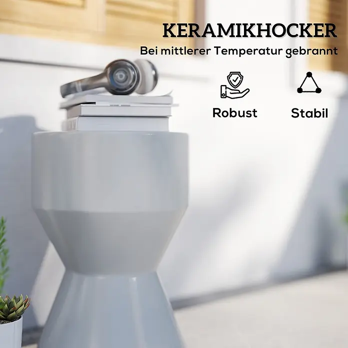 Outsunny Gartenhocker - Keramik, Stapelbar, Hellgrau, B x T x H: 33 x 33 x 45,5 cm - Robuster, hellgrauer Keramikhocker als Beistelltisch mit Büchern und Kopfhörern in einem Innenraum.