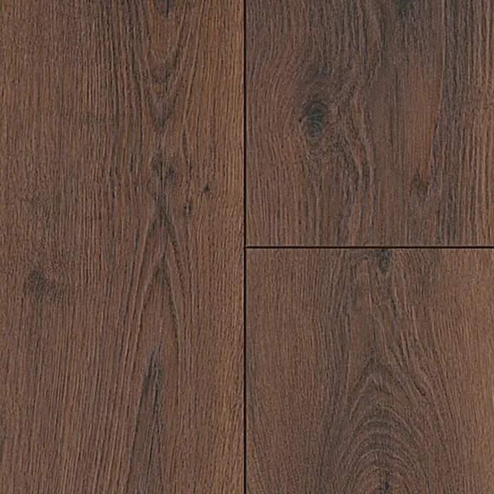 Krono Original Laminat Comfort Silent Cork - Bourbon Hills Oak, Landhausdiele, 1.288 x 195 x 8 mm - Dunkelbrauner Holzboden mit ausgeprägter Maserung und sichtbaren Dielenfugen.