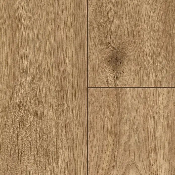 Krono Original Laminat Comfort Silent Cork - Buckingham Oak, Landhausdiele, 1.288 x 195 x 8 mm - Hellbrauner Holzfußboden mit sichtbarer Maserung und Ästen.