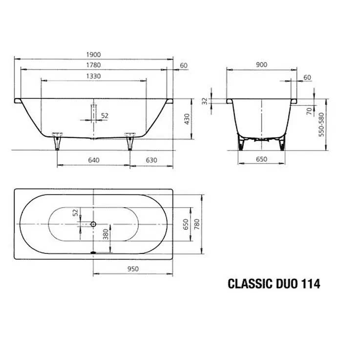 Kaldewei Badewanne Classic Duo 114 - 190 x 90 cm, Stahl-Email, Alpinweiß - Technische Zeichnung einer rechteckigen Badewanne CLASSIC DUO 114 mit allen Maßen.