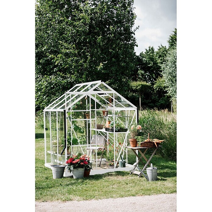 Kas Kate I Full Option pakket (Buitenmaat incl. dakoverstek (b x d): 192 x 192 cm, Materiaal zijwand: Glas, 3 mm, Wit) | BAUHAUS