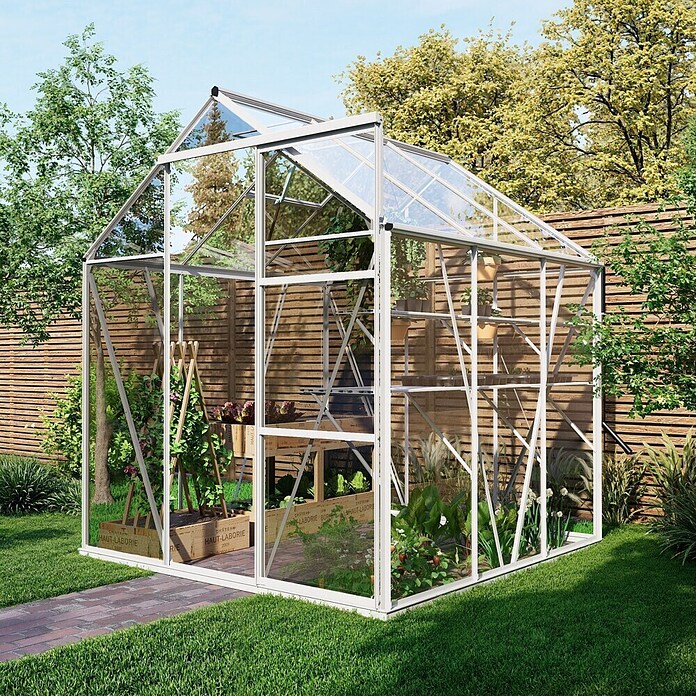 Kas Kate I Full Option pakket (Buitenmaat incl. dakoverstek (b x d): 192 x 192 cm, Materiaal zijwand: Glas, 3 mm, Wit) | BAUHAUS