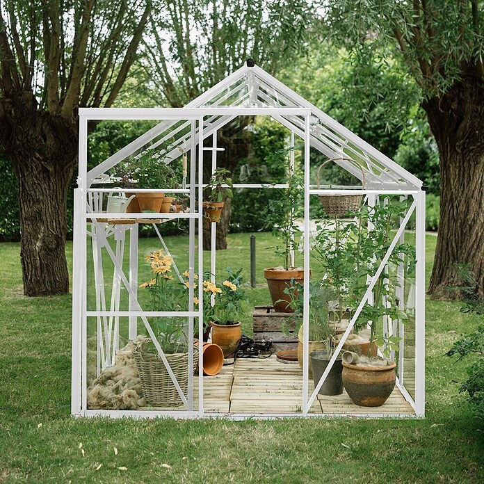 Kas Kate III Full Option pakket (Buitenmaat incl. dakoverstek (b x d): 192 x 314 cm, Materiaal zijwand: Glas, 3 mm, Wit) | BAUHAUS