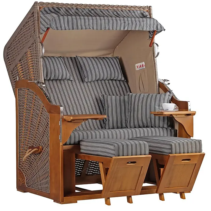 Mr. Deko Strandstuhl Strandkorb Schleswig Pinie Braun PE Mokka Dessin 553 - 1 Stk., Pinienholz. Polyrattan, Rückenlehne verstellbar, PE Mokka - Strandkorb aus Rattan und Holz mit grau gestreiften Polstern, ausziehbaren Fußstützen und Beistelltisch.