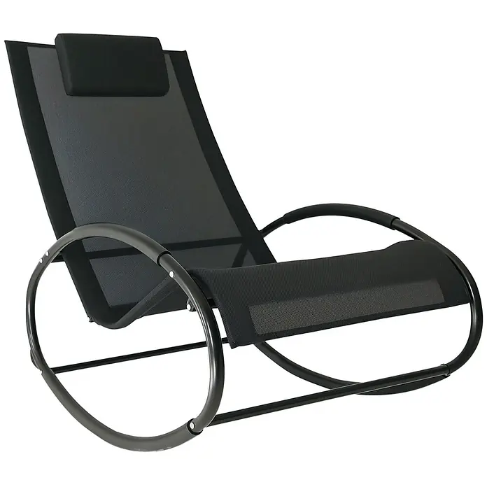 Outsunny Garten-Schaukelstuhl - 1 Stk., Stahl, Polyester, Schwarz, B x T x H: 62 x 105 x 88 cm - Schwarzer Schaukel-Liegestuhl mit Netzgewebe-Sitz und -Rückenlehne, Metallrahmen und Kopfstütze.