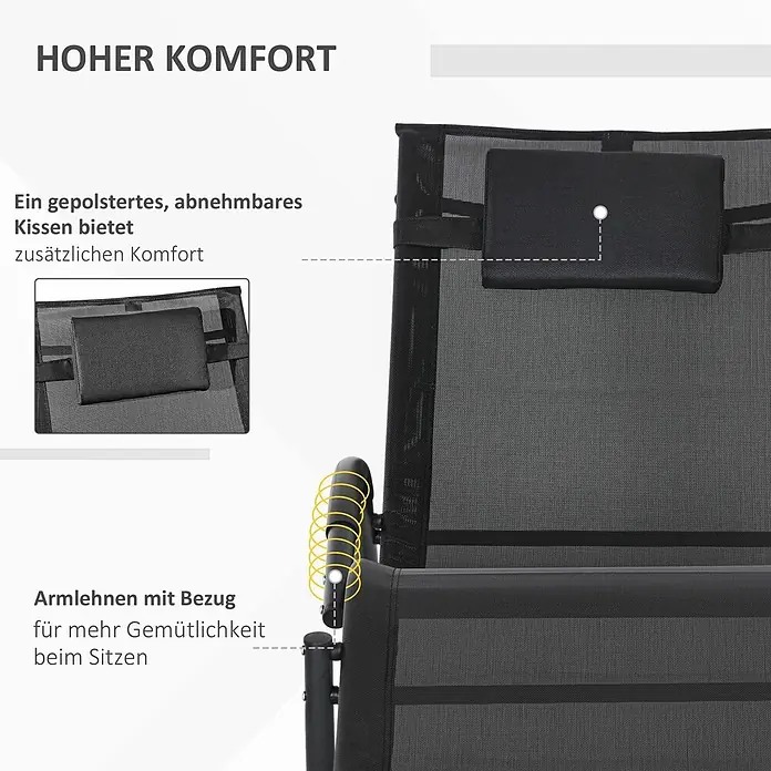 Outsunny Garten-Schaukelstuhl - Schwarz - Schwarzer Mesh-Stuhl mit gepolstertem, abnehmbarem Kissen und bezogenen Armlehnen für erhöhten Komfort.