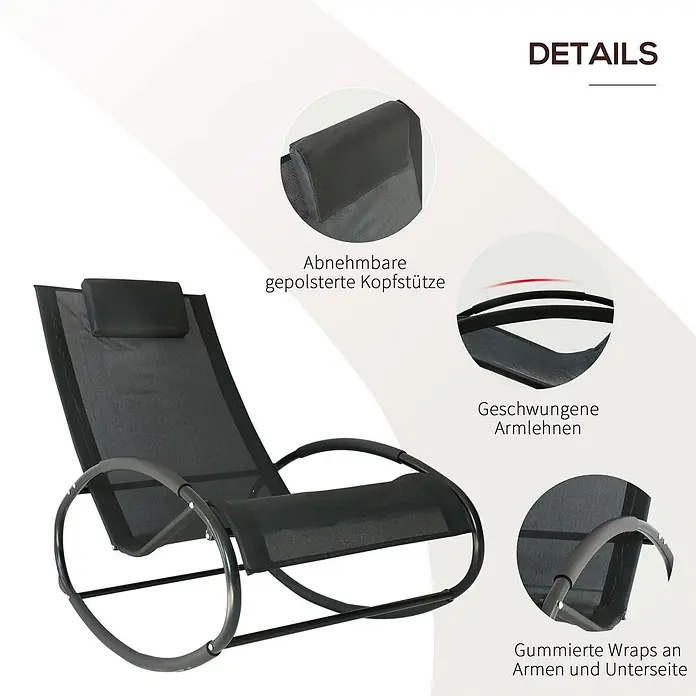 Outsunny Garten-Schaukelstuhl - 1 Stk., Stahl, Polyester, Schwarz, B x T x H: 62 x 105 x 88 cm - Schwarzer Schaukel-Liegestuhl aus Netzstoff mit abnehmbarer Kopfstütze, geschwungenen Armlehnen und gummierten Rahmendetails.