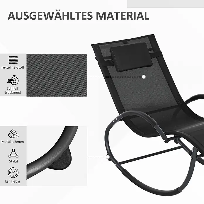 Outsunny Garten-Schaukelstuhl - Schwarz - Dunkelgrauer Textilene-Schaukelstuhl mit schwarzem Metallrahmen, hebt schnelltrocknendes Material, Stabilität und Langlebigkeit hervor.
