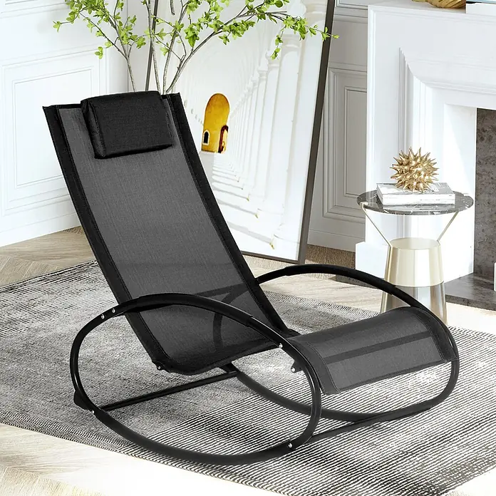 Outsunny Garten-Schaukelstuhl - 1 Stk., Stahl, Polyester, Schwarz, B x T x H: 62 x 105 x 88 cm - Schwarzer Schaukelstuhl aus Netzstoff mit Kopfstütze und schwarzem Metallgestell, für Innenbereich.