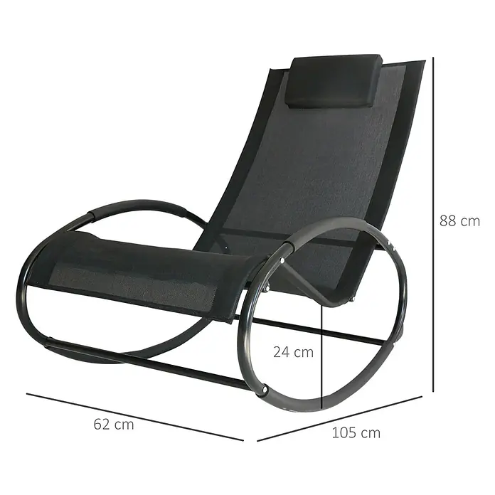 Outsunny Garten-Schaukelstuhl - 1 Stk., Stahl, Polyester, Schwarz, B x T x H: 62 x 105 x 88 cm - Schwarzer Schaukel-Liegestuhl mit Netzstoffbezug, gepolsterter Kopfstütze und Metallrahmen, 88 cm hoch und 105 cm lang.