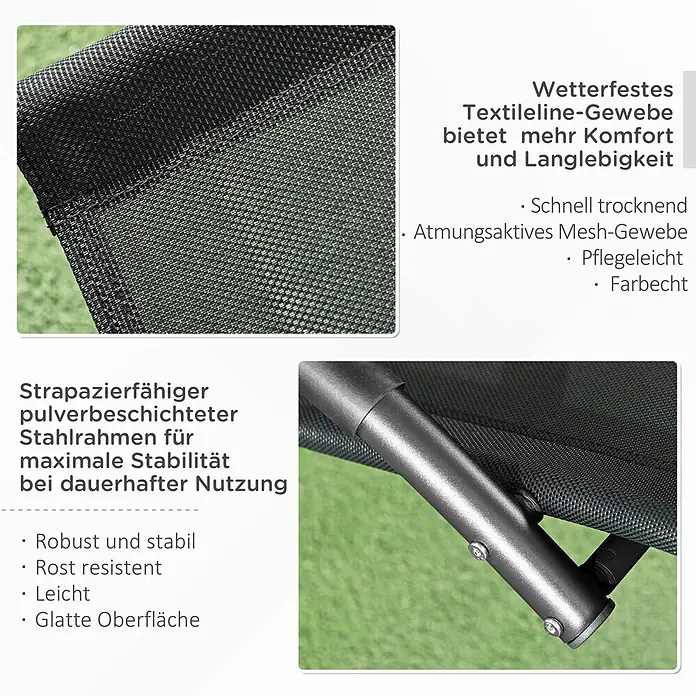 Outsunny Garten-Schaukelstuhl - Schwarz - Nahaufnahme von dunkelgrauem wetterfestem Textilene-Mesh-Gewebe und robustem pulverbeschichtetem Stahlrahmen.