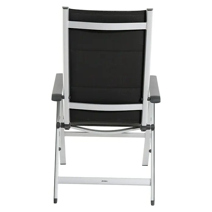 MWH Sillón de posiciones Futosa - 62 x 67,5 x 111 cm, Gris/Blanco, Aluminio/Textiline, Respaldo regulable - Vista trasera de una silla de camping plegable moderna con estructura de aluminio y asiento negro para uso en exteriores.