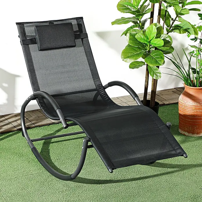 Outsunny Garten-Schaukelstuhl - Schwarz - Schwarzer Schaukelliegestuhl mit atmungsaktivem Netzgewebe und Kopfstütze, ideal für Entspannung im Freien.