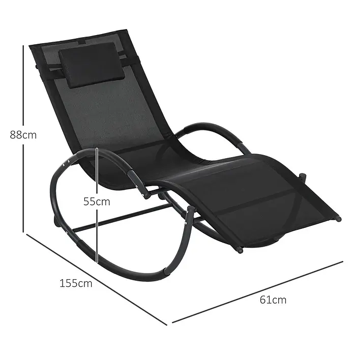 Outsunny Garten-Schaukelstuhl - Schwarz - Schwarze Wippliege aus Metall und Netzgewebe mit Kopfstütze.