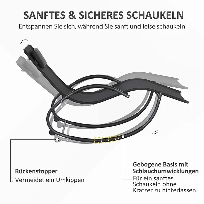Outsunny Garten-Schaukelstuhl - Schwarz - Schwarzer Schaukelliegestuhl zeigt sanfte Schaukelbewegung. Verfügt über einen Rückenstopper und schützende Wicklungen an der gebogenen Basis.