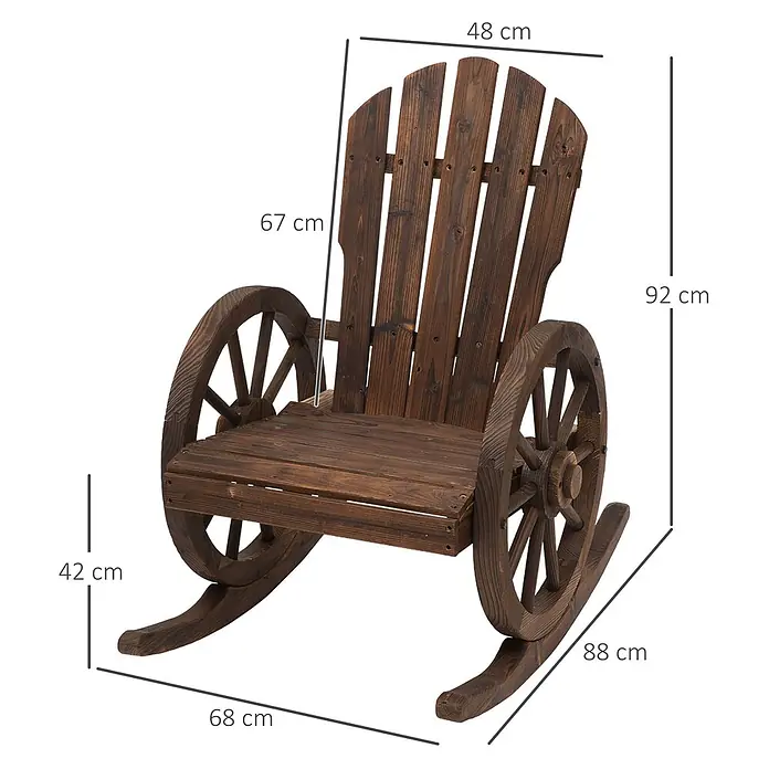 Outsunny Garten-Schaukelstuhl - 1 Stk., Tannenholz, Dunkelbraun, B x T x H: 88 x 88 x 92 cm - Dunkelbrauner Holzschaukelstuhl mit Kutschenrad-inspirierten Armlehnen und Seiten.