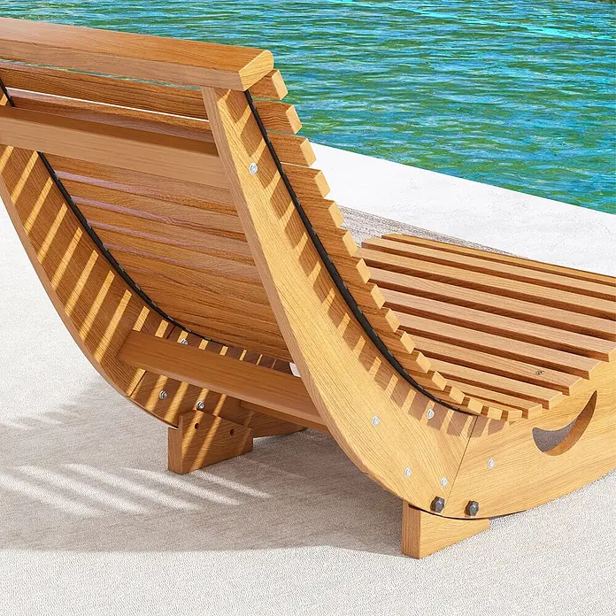 Outsunny Garten-Schaukelstuhl - 1 Stk., Tannenholz, Kiefernholz, Braun, B x T x H: 60 x 130 x 60 cm - Hölzerne Pool-Liege mit Lattenrost an einem schimmernden blauen Pool.