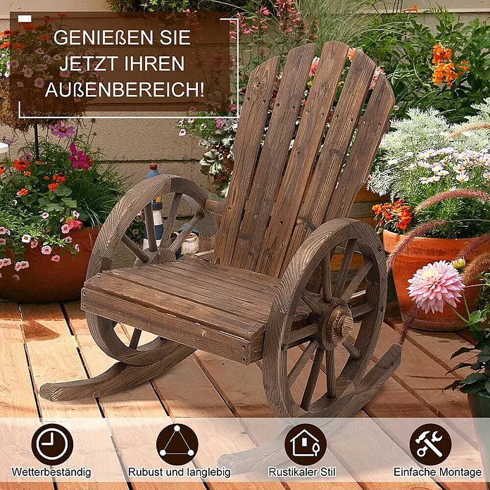 Outsunny Garten-Schaukelstuhl - 1 Stk., Tannenholz, Dunkelbraun, B x T x H: 88 x 88 x 92 cm - Rustikaler Schaukelstuhl aus dunklem Holz mit Wagenrad-Armlehnen auf einer Terrasse für den Außenbereich.