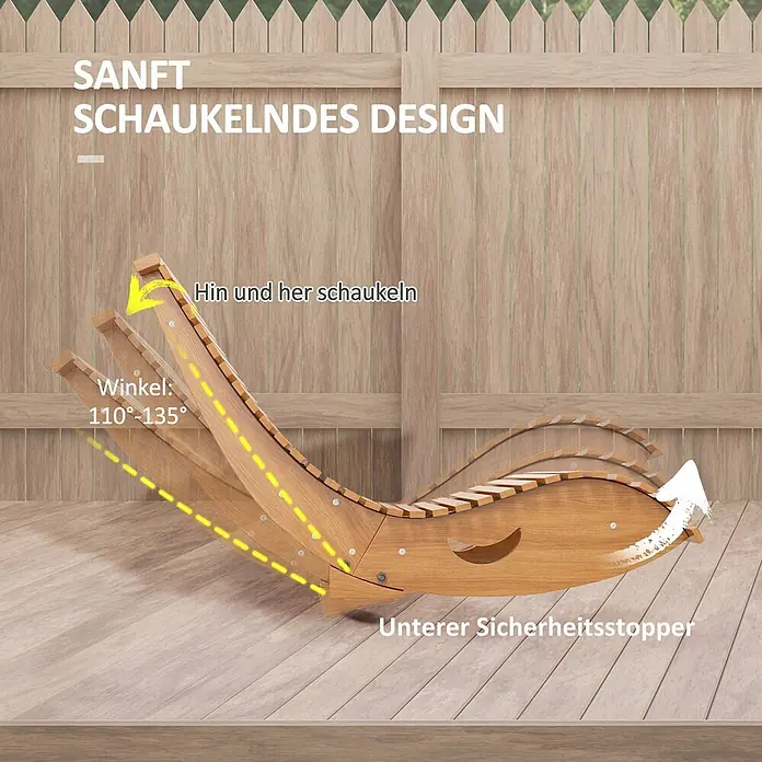 Outsunny Garten-Schaukelstuhl - 1 Stk., Tannenholz, Kiefernholz, Braun, B x T x H: 60 x 130 x 60 cm - Hölzerner Schaukel-Liegestuhl zeigt seine 110°-135° Schaukelbewegung und Sicherheitsstopper auf einer Holzterrasse.