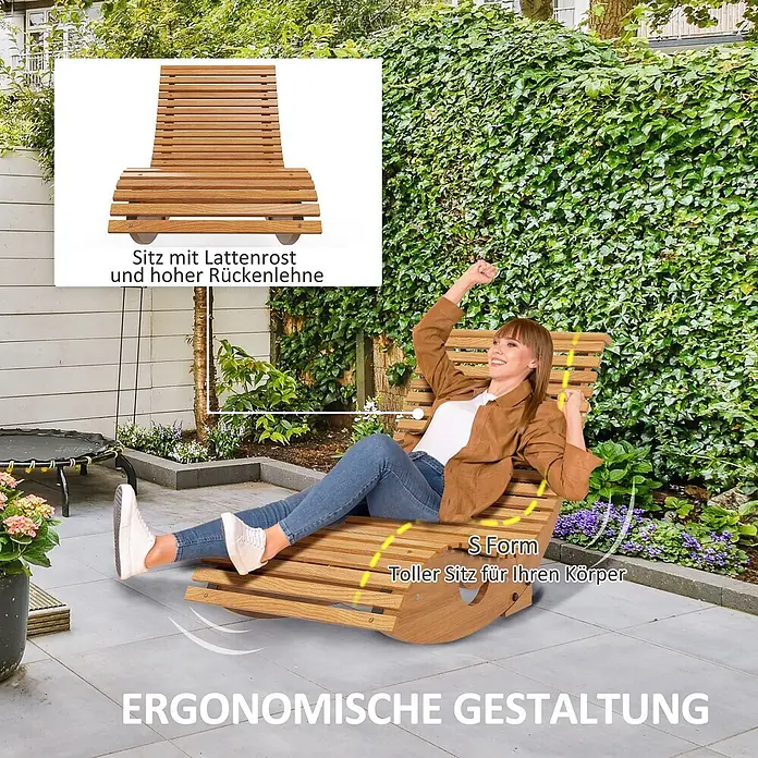 Outsunny Garten-Schaukelstuhl - 1 Stk., Tannenholz, Kiefernholz, Braun, B x T x H: 60 x 130 x 60 cm - Ergonomischer Holz-Schaukelstuhl mit S-Form und hoher Lattenrückenlehne, von einer Frau im Freien genutzt.