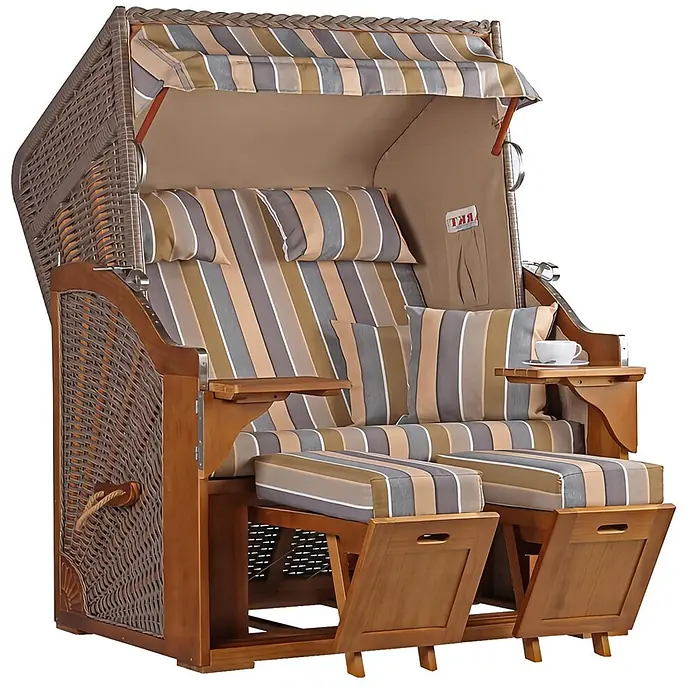 Mr. Deko Strandstuhl Strandkorb Schleswig - 1 Stk., Pinienholz. Polyrattan, Rückenlehne verstellbar, PE Mokka - Ein bequemer Zweisitzer-Strandkorb aus Korbgeflecht mit Holzrahmen, gestreiften Polstern in Beige, Braun, Grau, Beistelltischen und ausziehbaren Fußstützen.