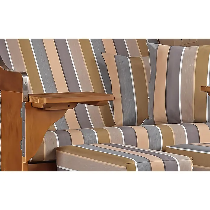 Mr. Deko Strandstuhl Strandkorb Schleswig - 1 Stk., Pinienholz. Polyrattan, Rückenlehne verstellbar, PE Mokka - Gestreifte Outdoor-Kissen in Braun, Beige, Grau und Weiß, passend zu einem Holz- und Metallstuhlrahmen.