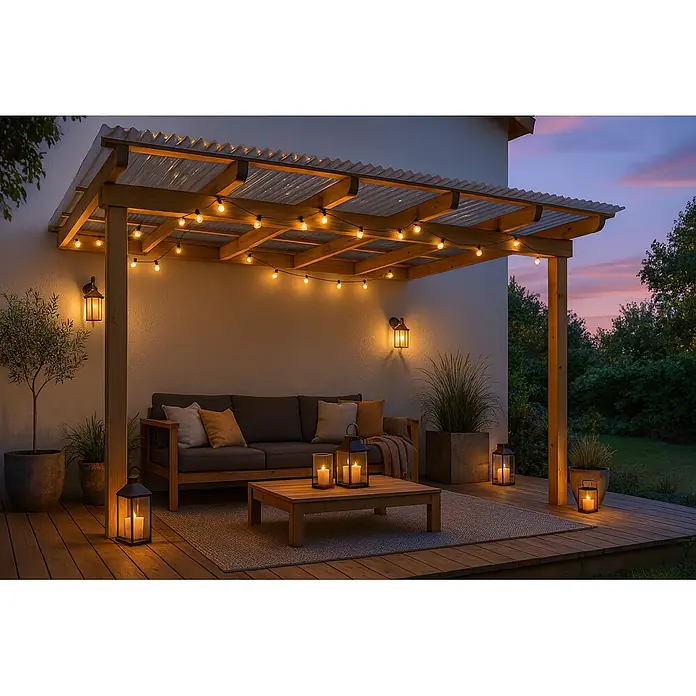 Wellplatte - 2.500 x 900 x 1,5 mm, Transparent, Polycarbonat, Trapez - Eine einladende Terrasse mit Holzpergola, Lichterkette, Outdoor-Sofa und Laternen schafft abends eine warme Atmosphäre.