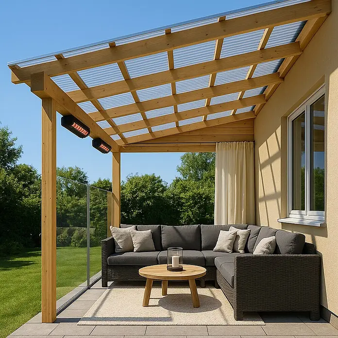 Wellplatte - 2.000 x 900 x 1,5 mm, Transparent, Polycarbonat, Rund - Moderne Holzpergola mit transparentem Dach und zwei schwarzen Infrarot-Heizstrahlern für gemütlichen Außenbereich.