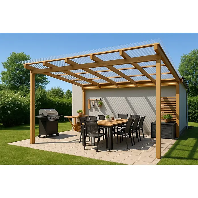Wellplatte - 2.000 x 900 x 1,5 mm, Transparent, Polycarbonat, Rund - Holzpergola mit transparentem Wellplattendach über einem Terrassen-Essbereich mit Grill.