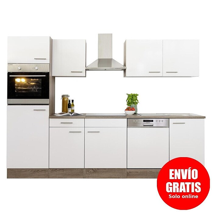 Respekta Composición de cocina (Ancho: 280 cm, Con dispositivos eléctricos, Brillo satinado blanco)