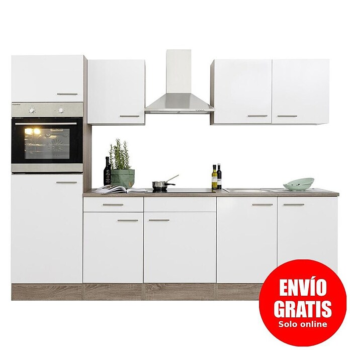 Respekta Composición de cocina (Ancho: 270 cm, Con dispositivos eléctricos, Brillo satinado blanco)