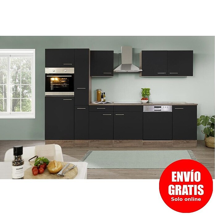Respekta Composición de cocina (Ancho: 310 cm, Con dispositivos eléctricos, Brillo satinado negro)