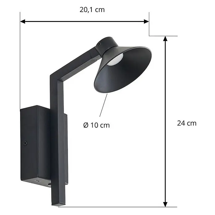 Lucande Wandleuchte Steve - schwarz, schwarz - Schwarze Wandleuchte aus Metall mit verstellbarem Arm und konischem Schirm, 20,1 cm breit, 24 cm hoch.