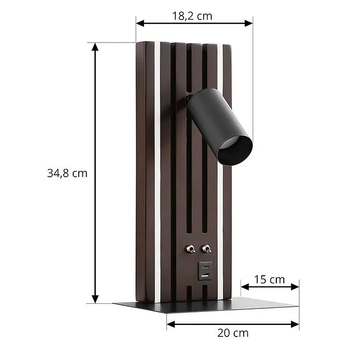 Lucande Wandleuchte Tiron - L x B x H: 18,2 x 20 x 35 cm, Holz dunkel, schwarz - Dunkelbraune, moderne Lampe mit Lamellenstruktur, schwarzem Spotlicht, zwei USB-Anschlüssen und Schaltern auf schwarzem Sockel.