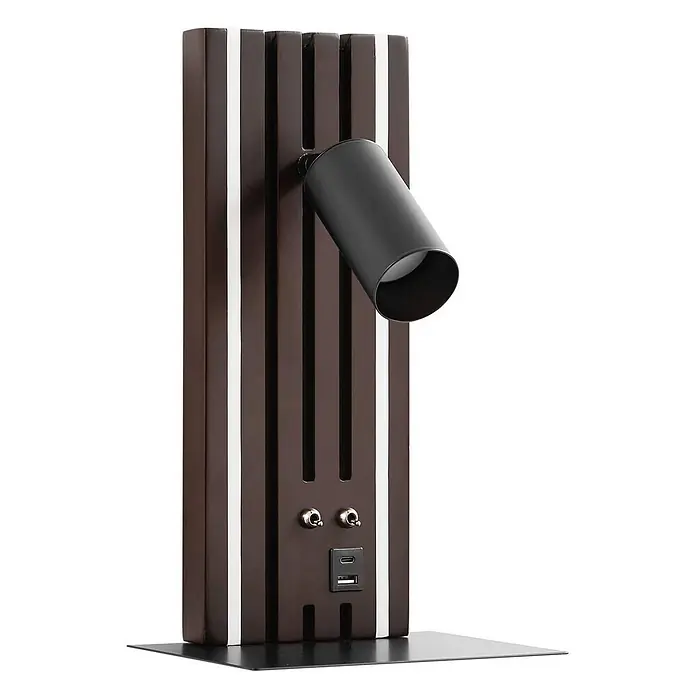 Lucande Wandleuchte Tiron - L x B x H: 18,2 x 20 x 35 cm, Holz dunkel, schwarz - Dunkelbraune Lampe mit weißen Streifen, schwarzem verstellbarem Strahler und USB-Ladeanschlüssen.