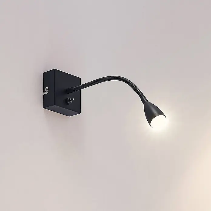 Lindby Wandleuchte Jolka - L x B x H: 30 x 7 x 15 cm, schwarz, schwarz - Schwarze wandmontierte LED-Leselampe mit flexiblem Schwanenhalsarm, hell leuchtend.