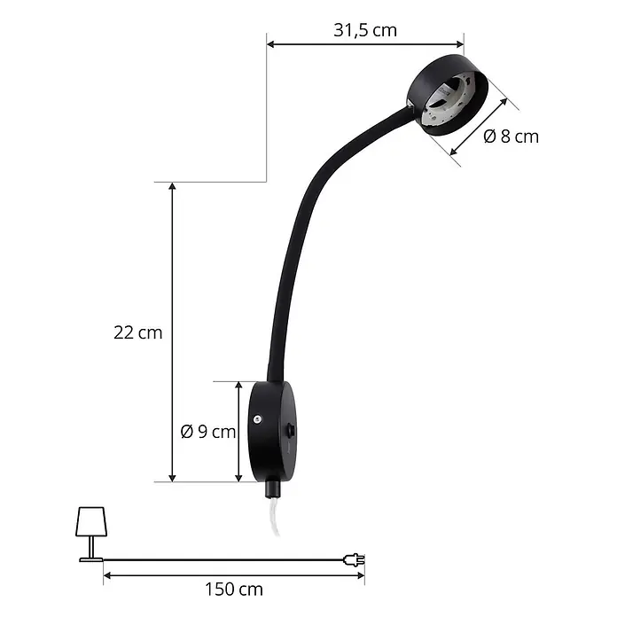 Lindby Wandleuchte Jyla - L x B x H: 26,5 x 8 x 25 cm, schwarz, schwarz, 2GX53 - Schwarze Wandleuchte mit flexiblem Schwanenhalsarm und rundem Kopf, mit runder Basis und Netzkabel.