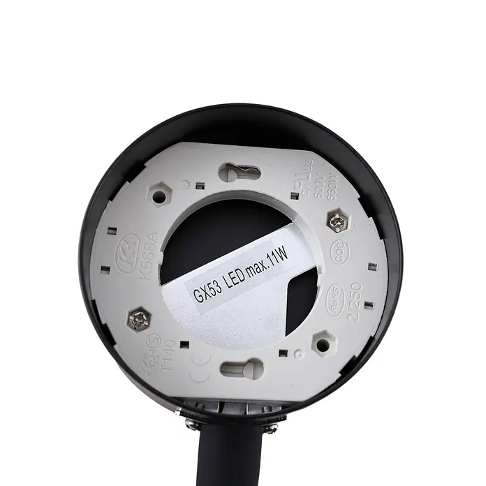 Lindby Wandleuchte Jyla - L x B x H: 26,5 x 8 x 25 cm, schwarz, schwarz, 2GX53 - Schwarze GX53-Lampenfassung, zeigt die weiße Montageplatte mit GX53 LED max. 11W Spezifikation.