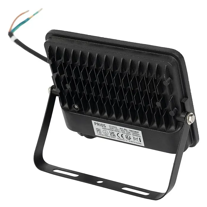 Prios Erdspießleuchte Liezel - 14 cm - Schwarzer LED-Fluter mit gerippter Rückseite und U-förmiger Halterung, angeschlossene Stromkabel sind sichtbar.