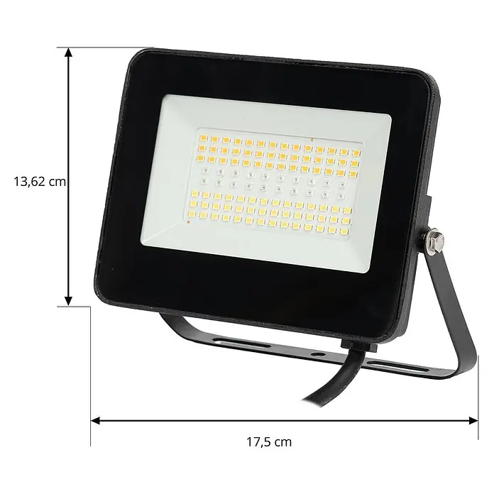 Prios Erdspießleuchte Liezel - 14 cm - Schwarzer LED-Fluter mit weißem LED-Panel und Montagebügel. Maße: 13,62 cm hoch, 17,5 cm breit.