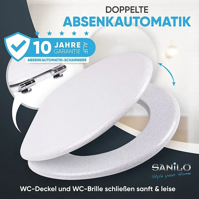 SANILO WC-Sitz Glitzer Weiß mit Schnellverschluss - MDF, Weiß, Mit Absenkautomatik - Weißer WC-Sitz und -Deckel mit Glitzer-Finish und doppelter Absenkautomatik, die sanft und leise schließen.